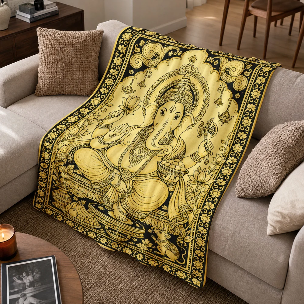 Elegant Golden Ganesh Lord Elephant Throw Blanket for Couch Sofa Hindu Spiritual Tapestry Pooja Cushion Decor India Ethnic Style
