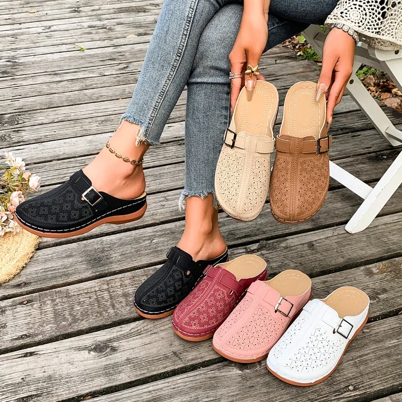Mules florales perforados para mujer, sandalias de cuña sin talón con hebilla única, transpirables, antideslizantes, para caminar al aire libre, uso diario, tallas grandes
