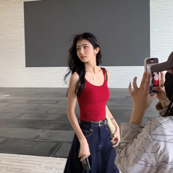 

Basic Red Camisole Tank Top Women With Chest Pad Spring Summer Pleated Waist Slim Knit Sleeveless Spice Girl Tops