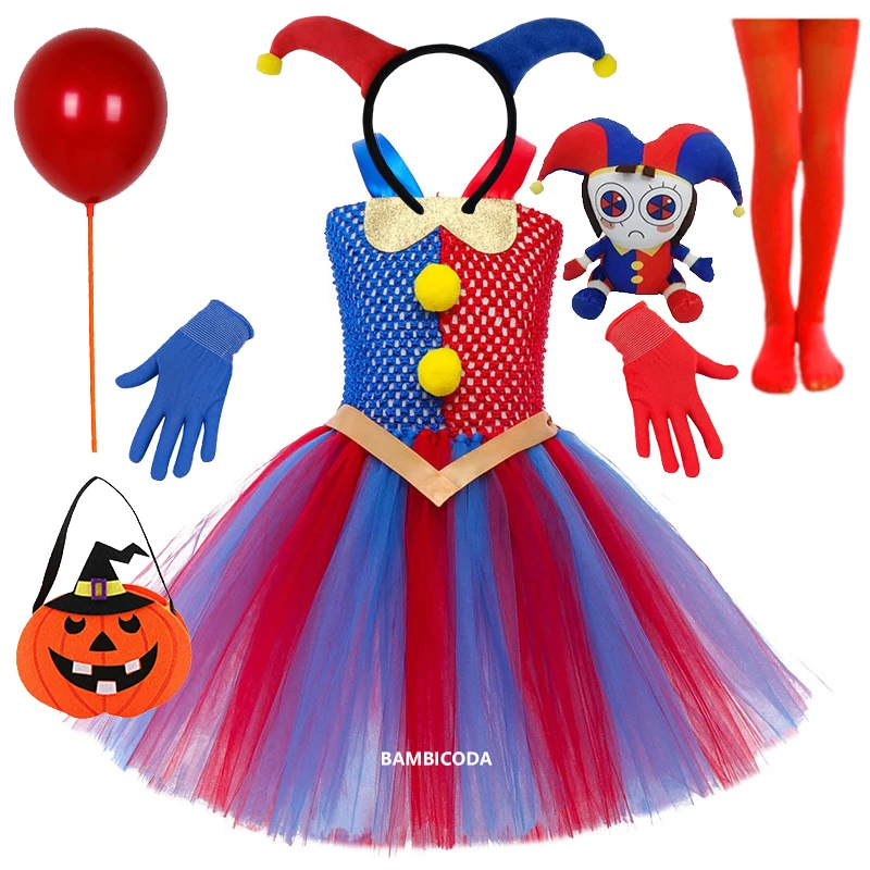 Girls Cosplay Digital Circus Dress Kids Clown Amazing Clothes Pomni Halloween Carnival Theme Party Stage Performance Vestido