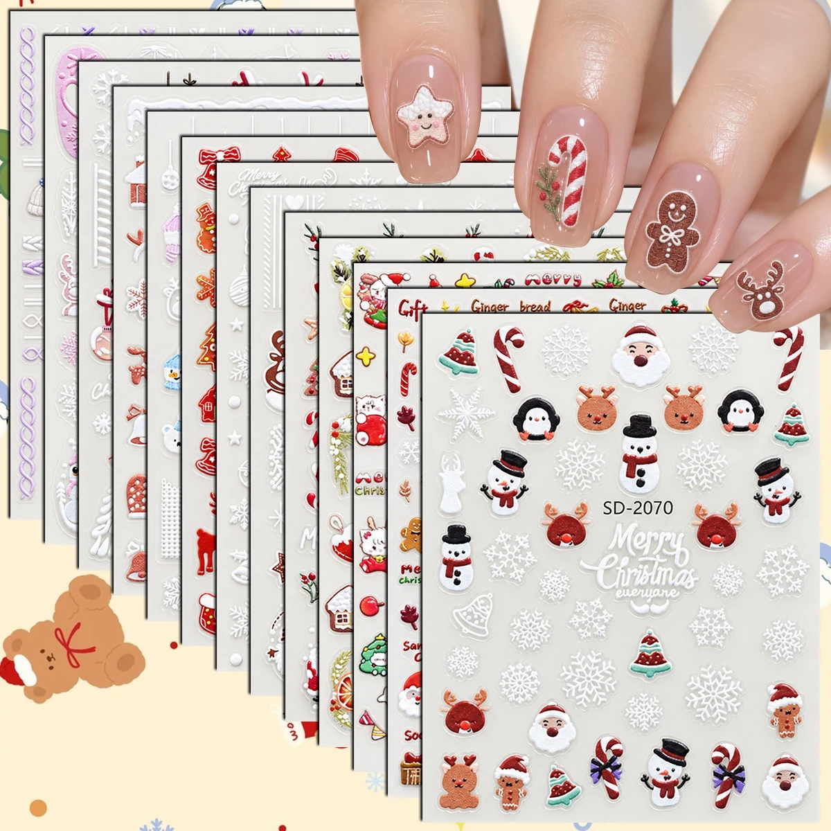 3 to 14 Sheets 5D Christmas Xmas Snowflake Gingerbread Candy Cane Reindeer Snowman Winter Self-Adhesive Nail Art Stickers