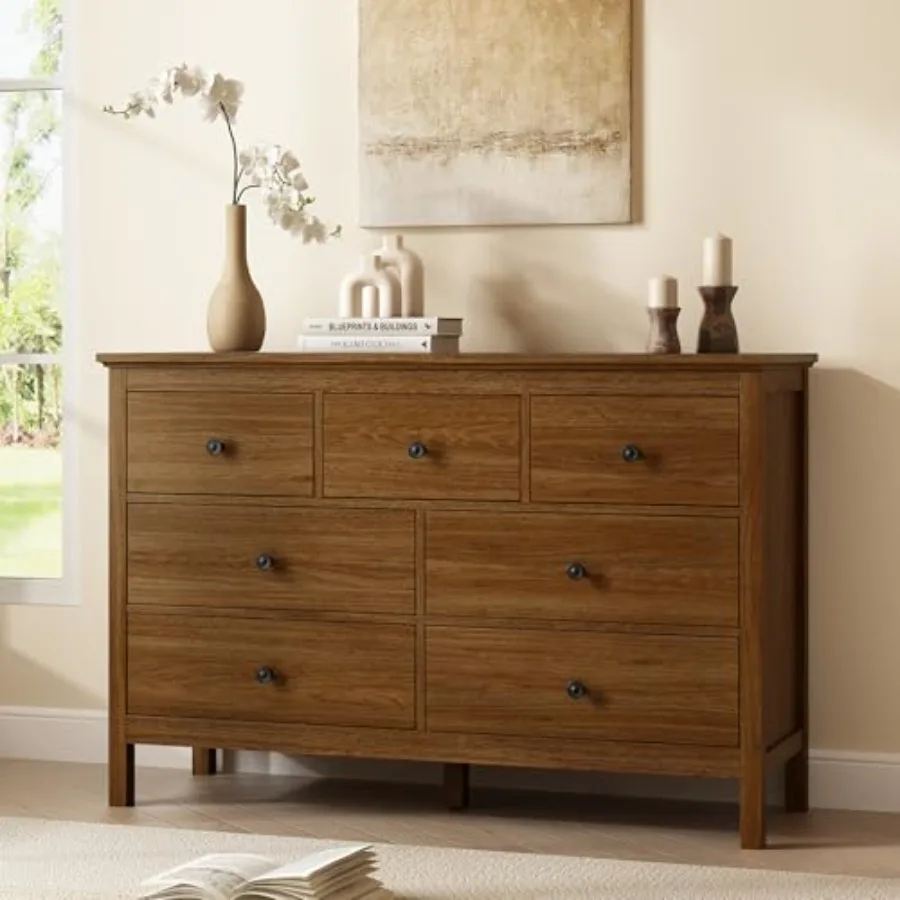 47 Dresser for Bedroom with 7 Drawer Metal Handles, engineered wood, matte white, soft-close mechanism and smooth-gliding drawe