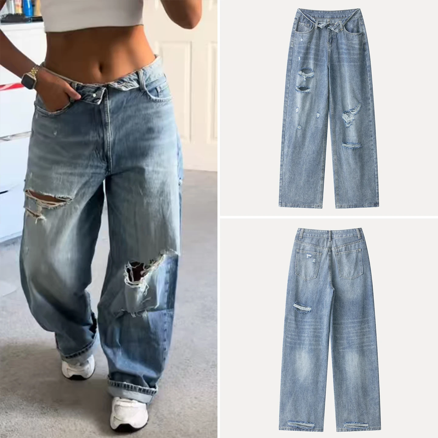 

Loose Women's Jeans High Waist Straight Leg Waed out Hole Autumn New Arrival Casual Pants for Ladies Z Brand