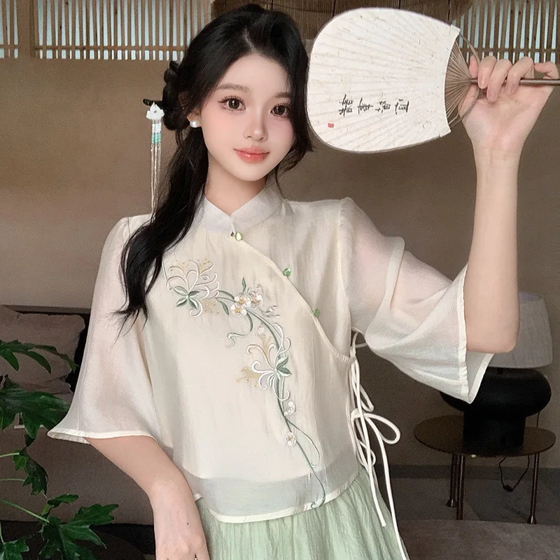 

2025 Improved Chinese Style Qipao Set Women Elegant Embroider Flower Cheongsam Top&skirt Summer Spring New Hanfu Outfit