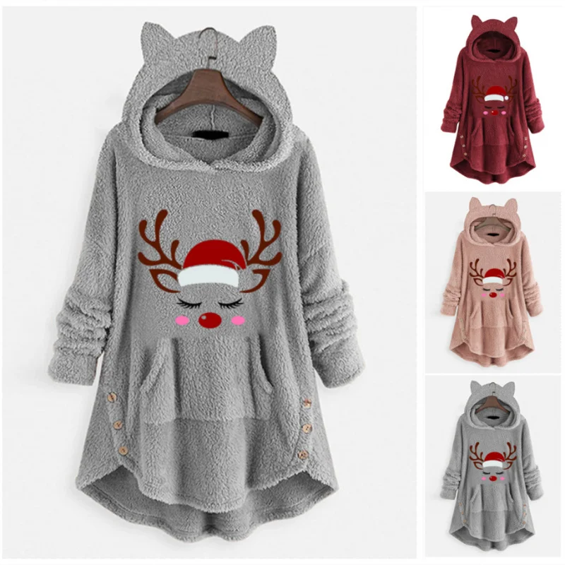 

2025 New Christmas Print Double-Sided Plush Long-Sleeve Cat Ear Pocket Mid-Length Pullover Sweatshirt