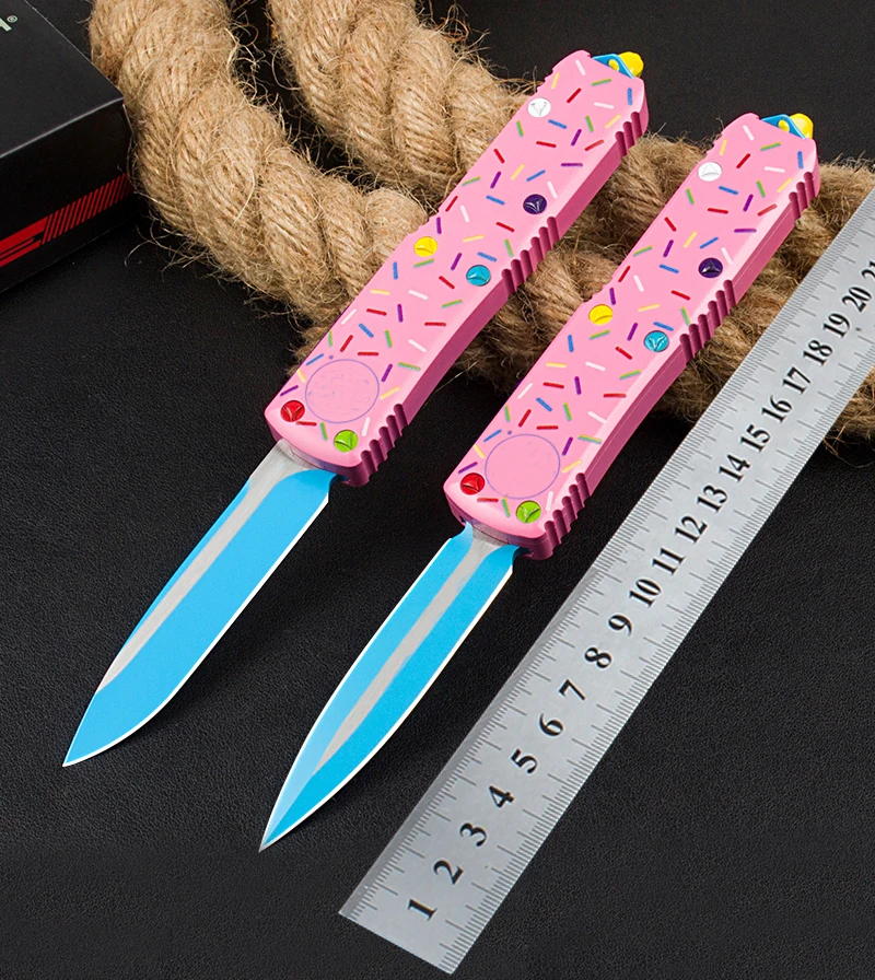 

Micro OTF Tech Knife UT85 D2 Steel Blade Aluminum alloy pink Handle Outdoor Camping Pocket Knife