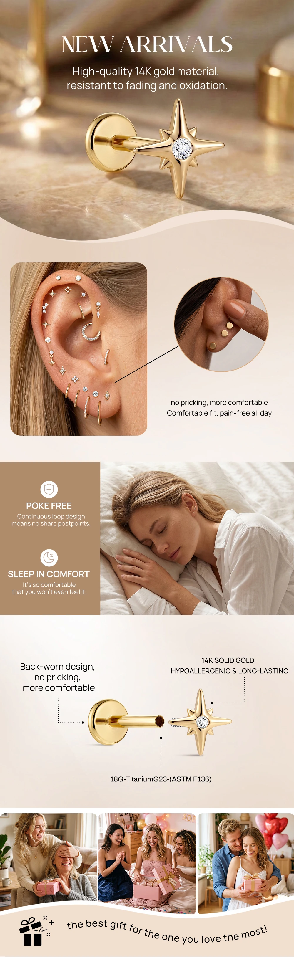 AIDE Mini-Piercing-Ohrringe aus 14-karätigem massivem Gold, glänzend, Herz-/rund-/sternförmig, für Damen, in verschiedenen Größen, klassischer Hochzeits- und Brautschmuck, luxuriöser Schmuck – Detail 2