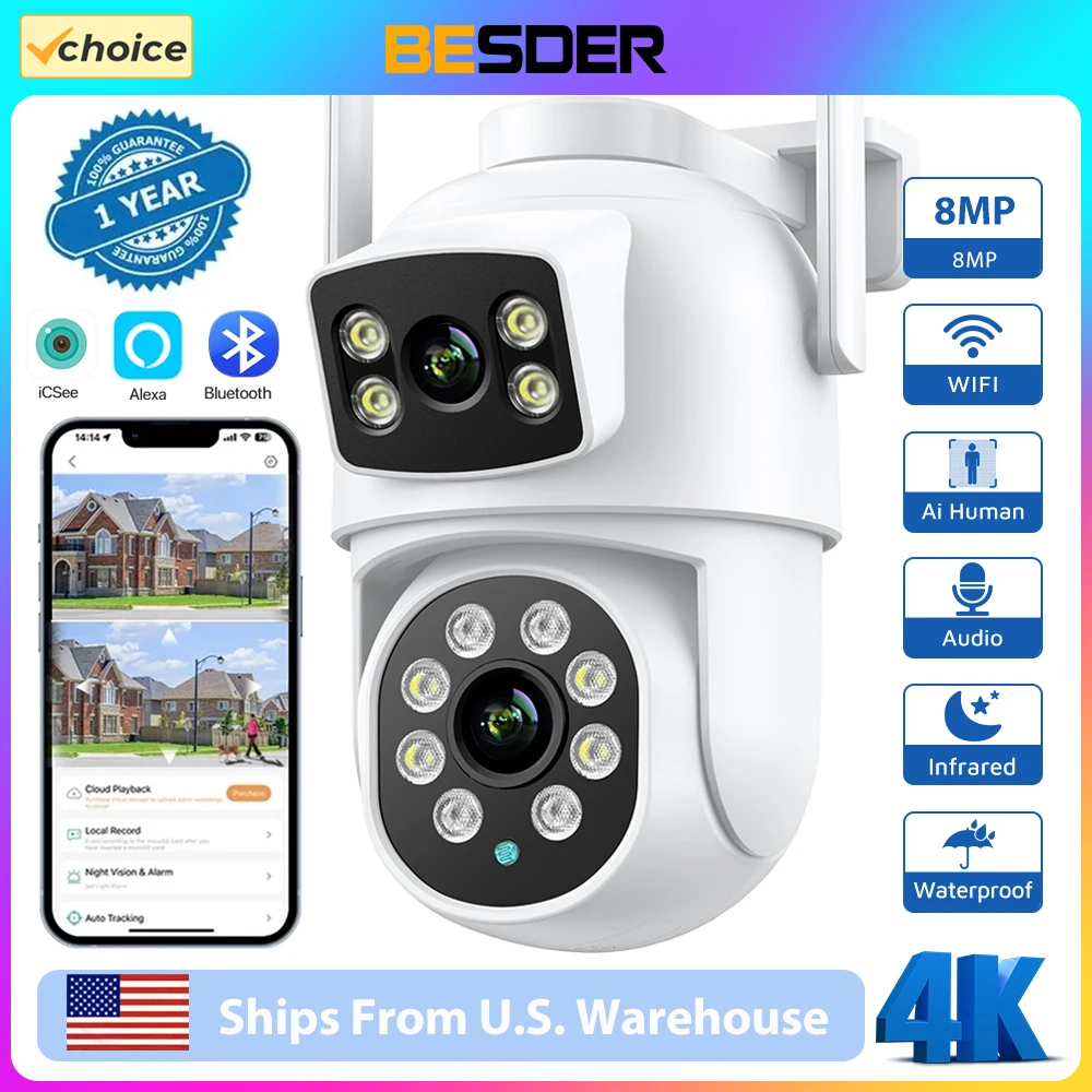 BESDER 4K 8MP Wifi Camera PTZ Outdoor Dual Screens Human Detection Dual Lenses 4MP Security Protection IP Camera Audio iCSee App