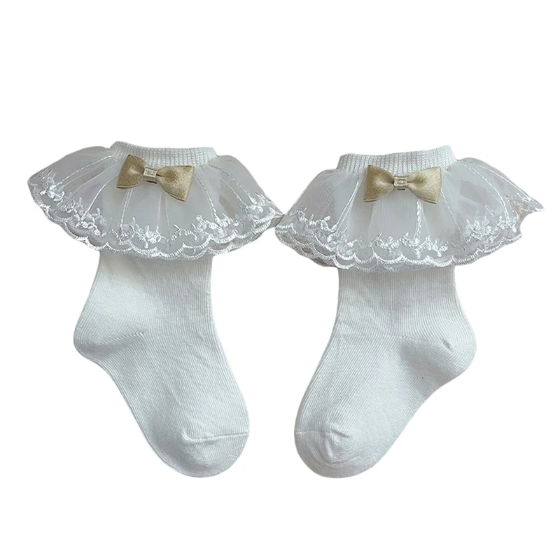 Kaus kaki anak perempuan, aksesoris pakaian balita, kaus kaki kru anak perempuan, Gaun pita lucu, kaus kaki jalan dengan Kerut jaring