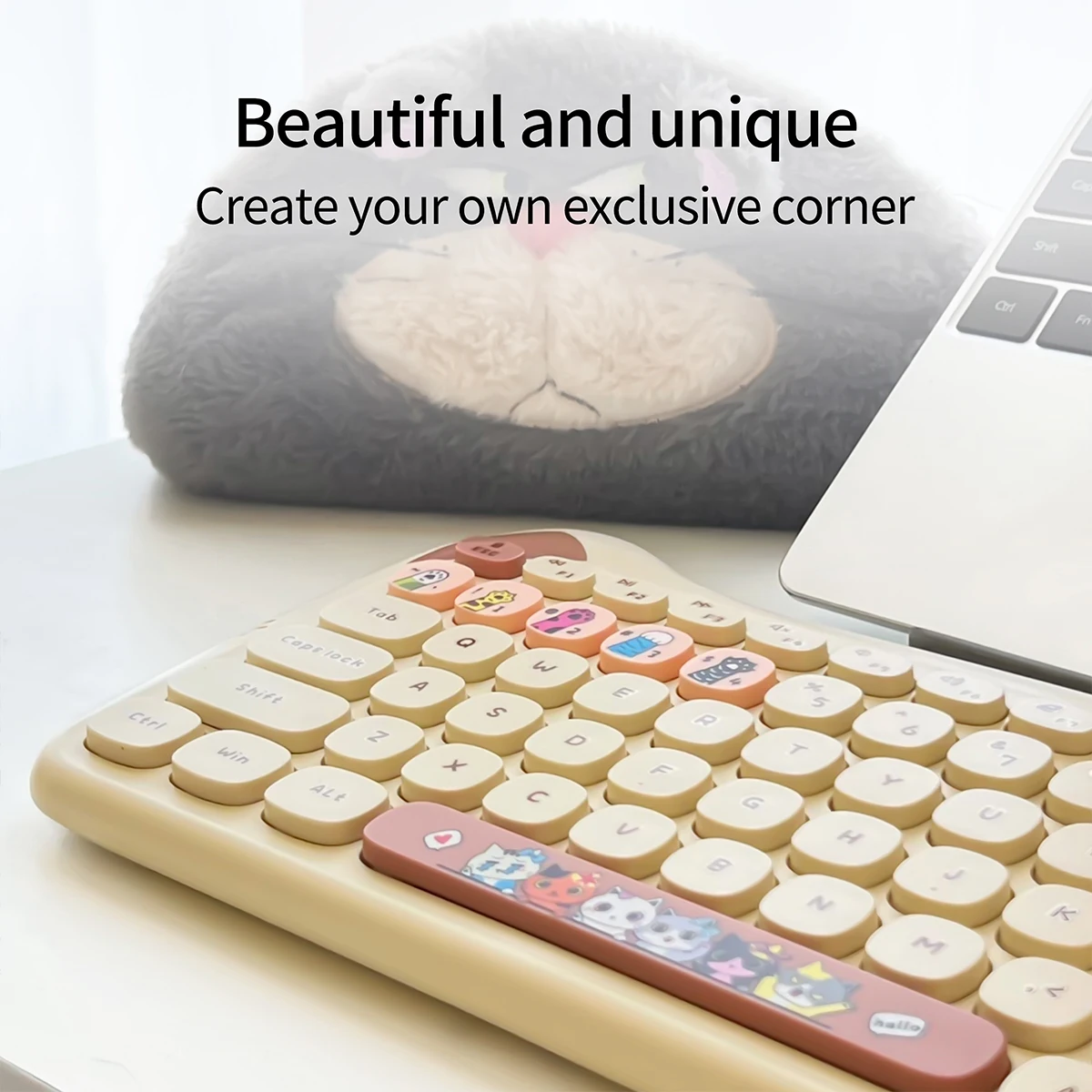 GEEZER اتصال لاسلكي لطيف على شكل قطة مختلط الألوان أغطية مفاتيح مريحة من Miaomeng PLUS مجموعة لوحة المفاتيح والماوس