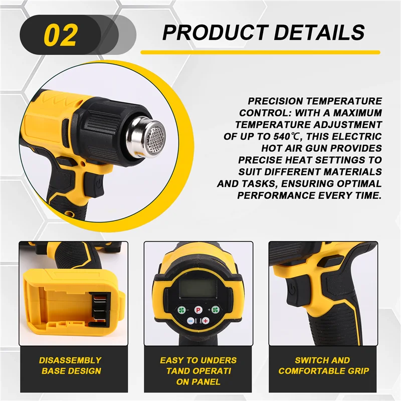 

Аккумуляторный тепловой пистолет J1UL1N 540 ℃ Регулировка температуры светодиодный дисплей 4-ступенчатая скорость ветра электрический пистолет горячего воздуха для батареи Dewalt 18 В 20 В