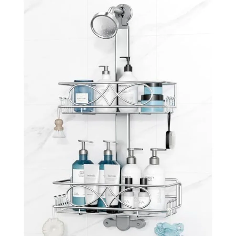 

Stainless Steel Anodized Aluminum, Height-Adjustable Rustproof Shower Caddy Hanging Anti-Swing-Over The Shower Head Caddy-Bathr