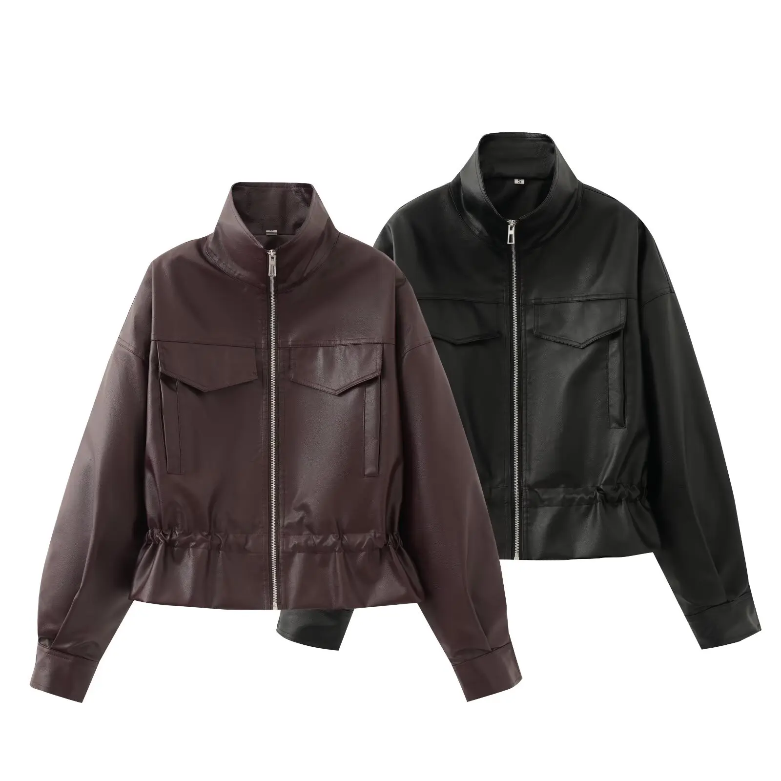 Guobioziy Women's Faux Leather Jacket Stand Collar Adjustable Waist Multi-Pocket Design Loose Short Street-Style Jacket