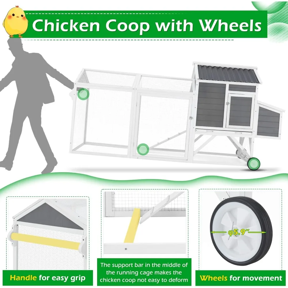 95“Chicken Coop,with 2 Wheels,w/Run&2 Nesting Boxes,Outdoor Chicken Hutch Tractor,waterproof Roof，Poultry Cage