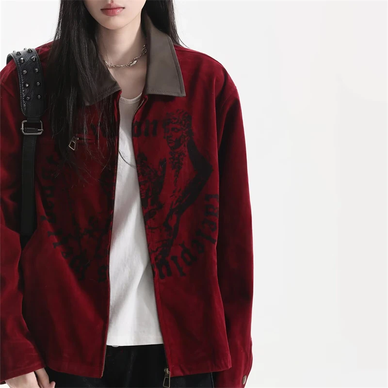 Women's Spring Red Jacket Christmas Vintage Long Sleeves Coat New Year Unisex 2000s Clothes Autumn Young Girls Warm Outerwear