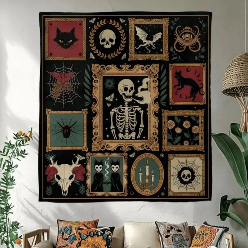 VIKAMA Gothic Skeleton Black Cat Tapestry, Vintage Witchy Frame Spider Bat Wall Hanging, Dark Halloween Room Decor