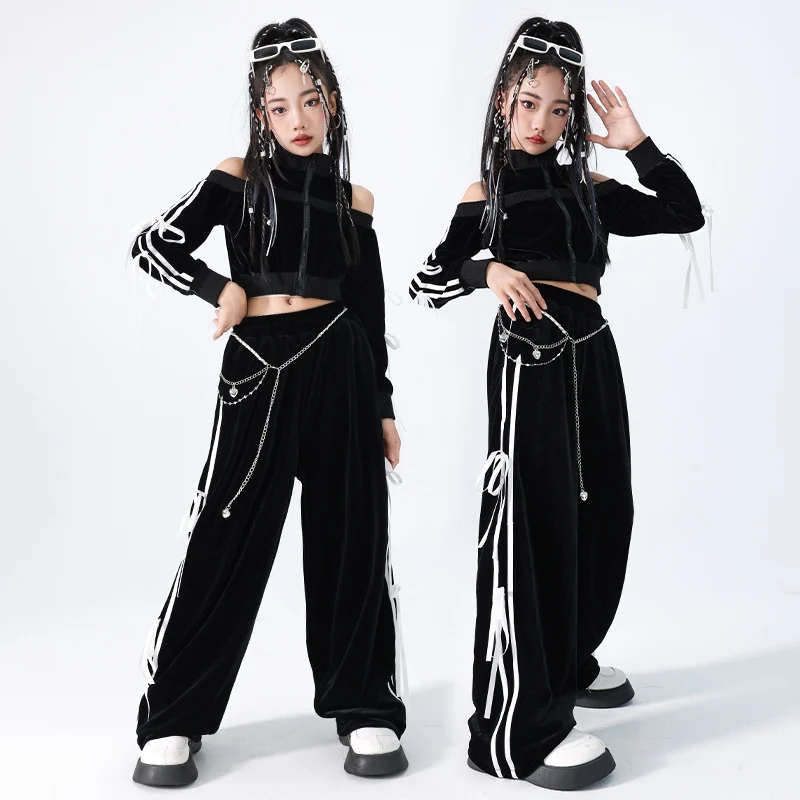 세트 재즈 댄스 소녀 키즈 의류, 힙합 크롭탑 긴팔 바지, 세트 캣워크 쇼 의상, DQL9775