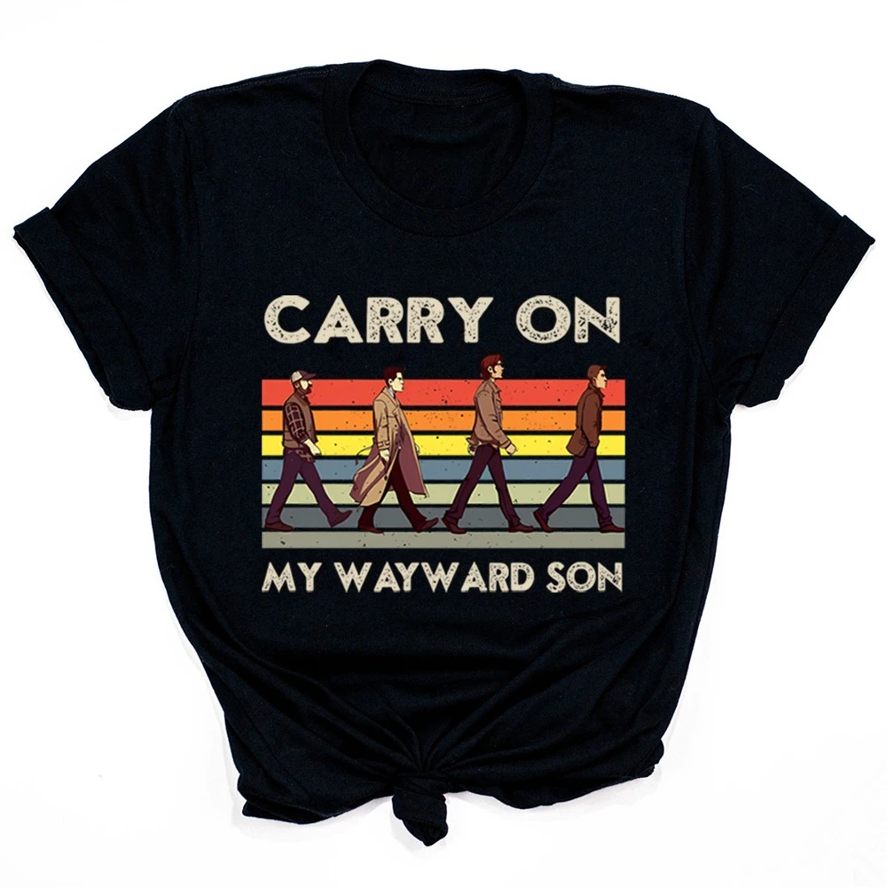 Supernatural Carry on My Wayward Son Vintage T-Shirt Sam and Dean Winchester Brothrs Shirt Trendy Abbey Road Winchester 2026 Top