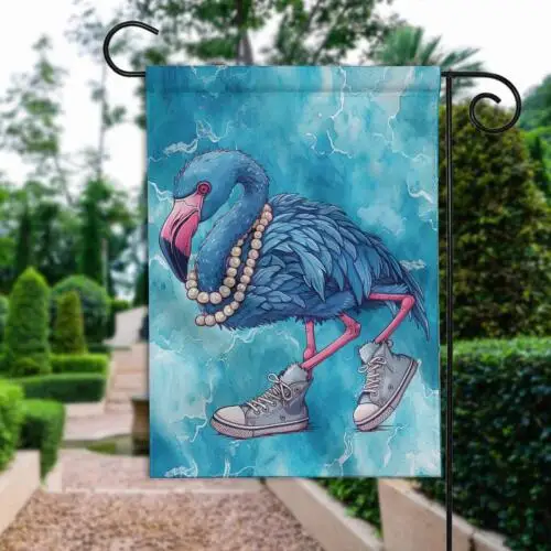 Blue Flamingo Yard Flag  Blue Flamingo wearing Pearls and Sneakers Garden Flag