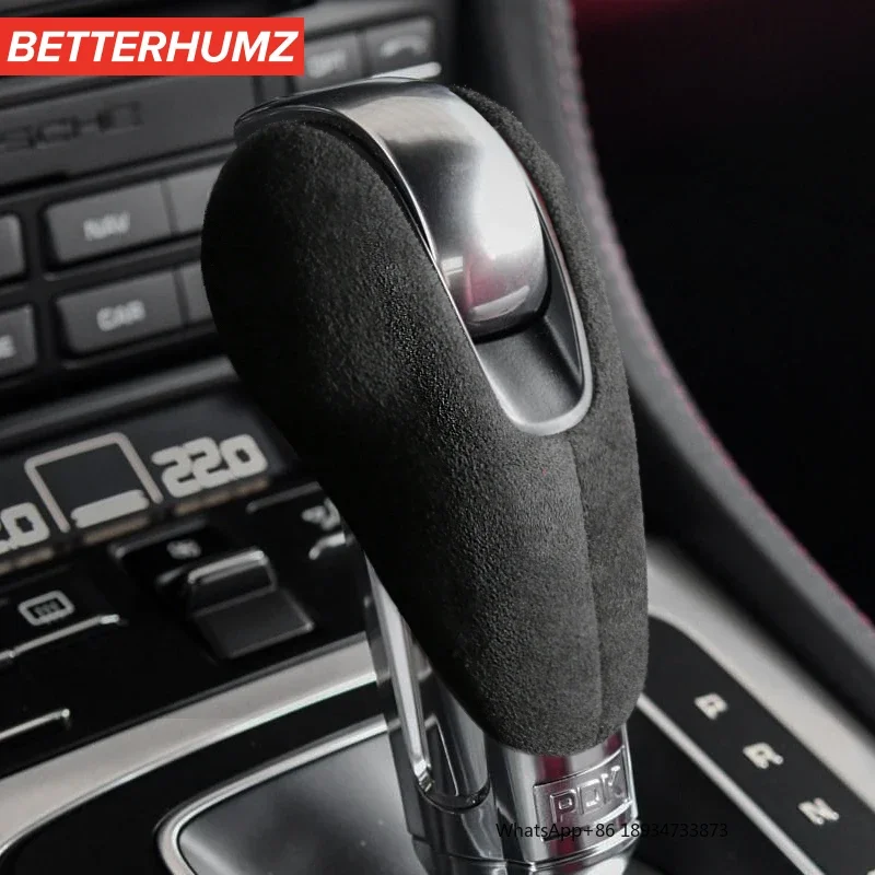 Pegatina de manija de engranaje de coche Alcantara para Porsche Macan Panamera Boxster 719 911, accesorios interiores, pegatinas de cubierta de perilla de palanca de cambios