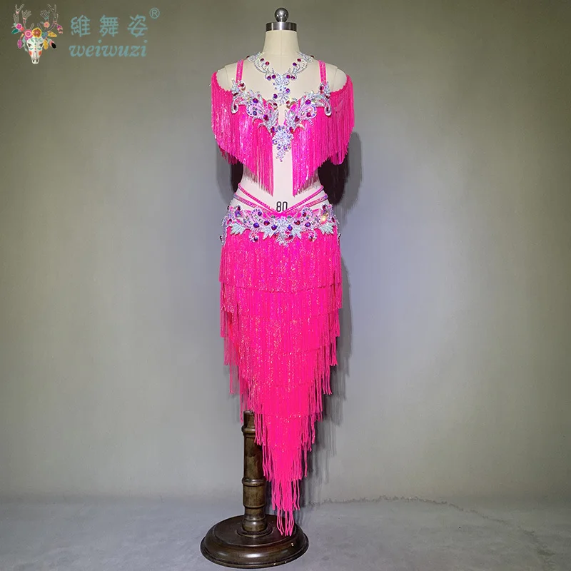 

Belly Dancer Outfit for Women's High End Customized Luxury Rhinestone Bra+Tassel Skirt Oriental Dancing Competition Clothing