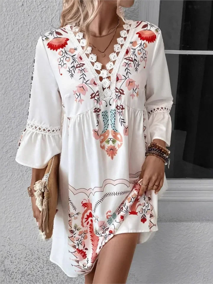 Verão floral impressão vestido senhora moda babados três quartos com decote em v rendas vestidos soltos para mulheres boho férias saias vintage novo