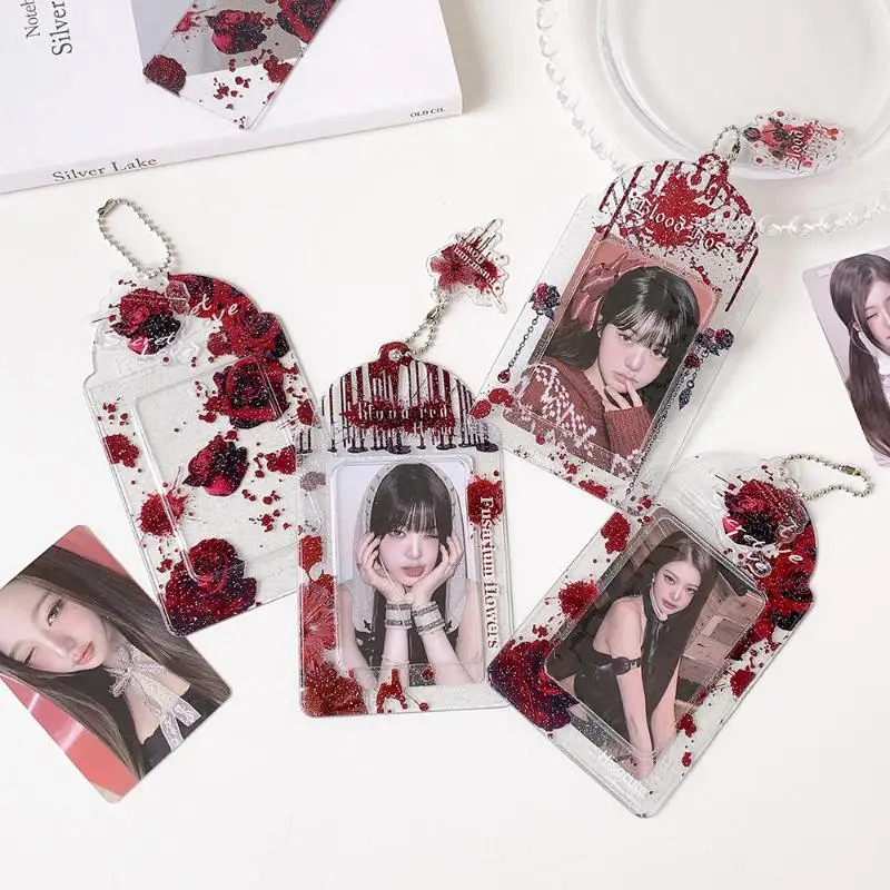 Gothic Blood Rose Acrylic Photocard Holder Kpop Idol Photo Card Case Keychain Small Card Backpack Pendant Card Protection Set