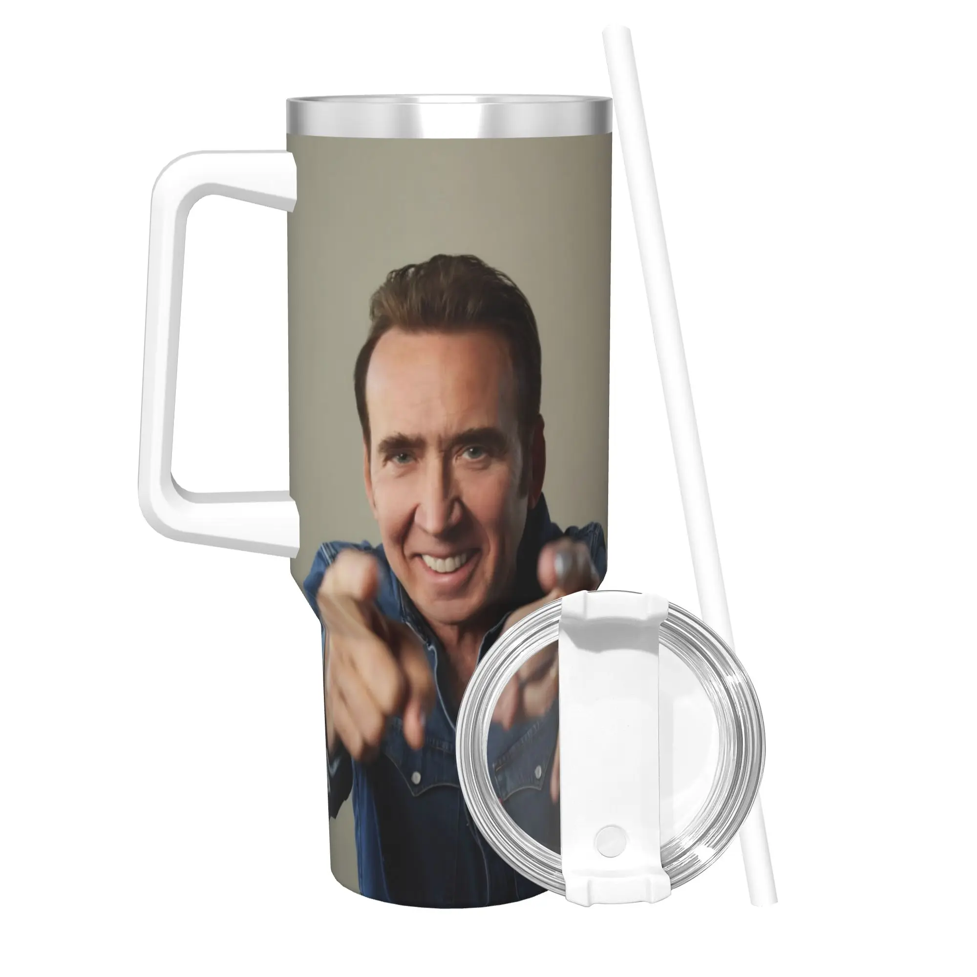 Nicolas Cage Tumbler With Straw  Stainless Steel Travel Mug Double Wall Vacuum Insulated for Cold Or Hot 40oz