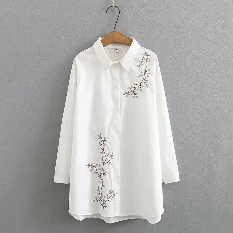 

Mother Dress Early Spring 2022 New Embroidery White Women's Shirt Middle Aged Fat Mom Long Sleeves Shirt