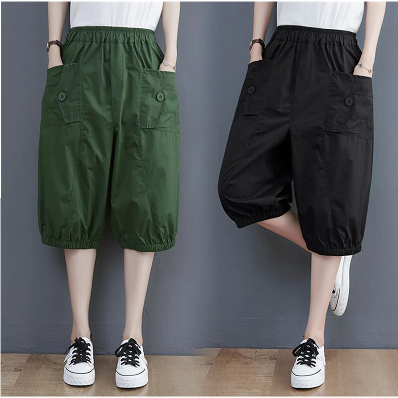 

Женские летние брюки-фонарики в винтажном стиле, свободные, повседневные, универсальные, с эластичным поясом, с манжетами, с высокой талией, в корейском стиле