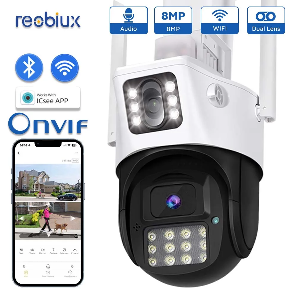 

Reobiux Wifi PTZ Camera 8MP Dual Screen IP Cam Outdoor Surveillance Dual Lens Camera 4X Digital Zoom Cam With Noice Alarm