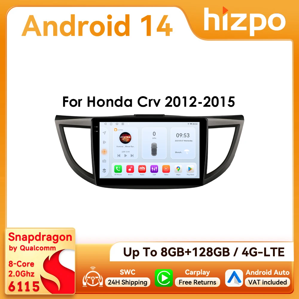 Hizpo 2Din 10,1 Zoll CarPlay Android Auto Autoradio für Honda CRV 2012 - 2015 GPS DSP RDS 4G BT SWC Multimedia 360 °   GLAS