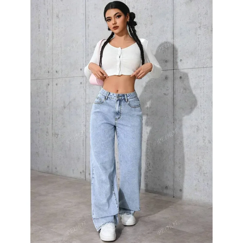 Pop เอวสูงขาตรง Vintage Denim กางเกงยีนส์ Draping Sensation ยอดนิยม Cross-Border หลวมกางเกงยาวสําหรับสตรี
