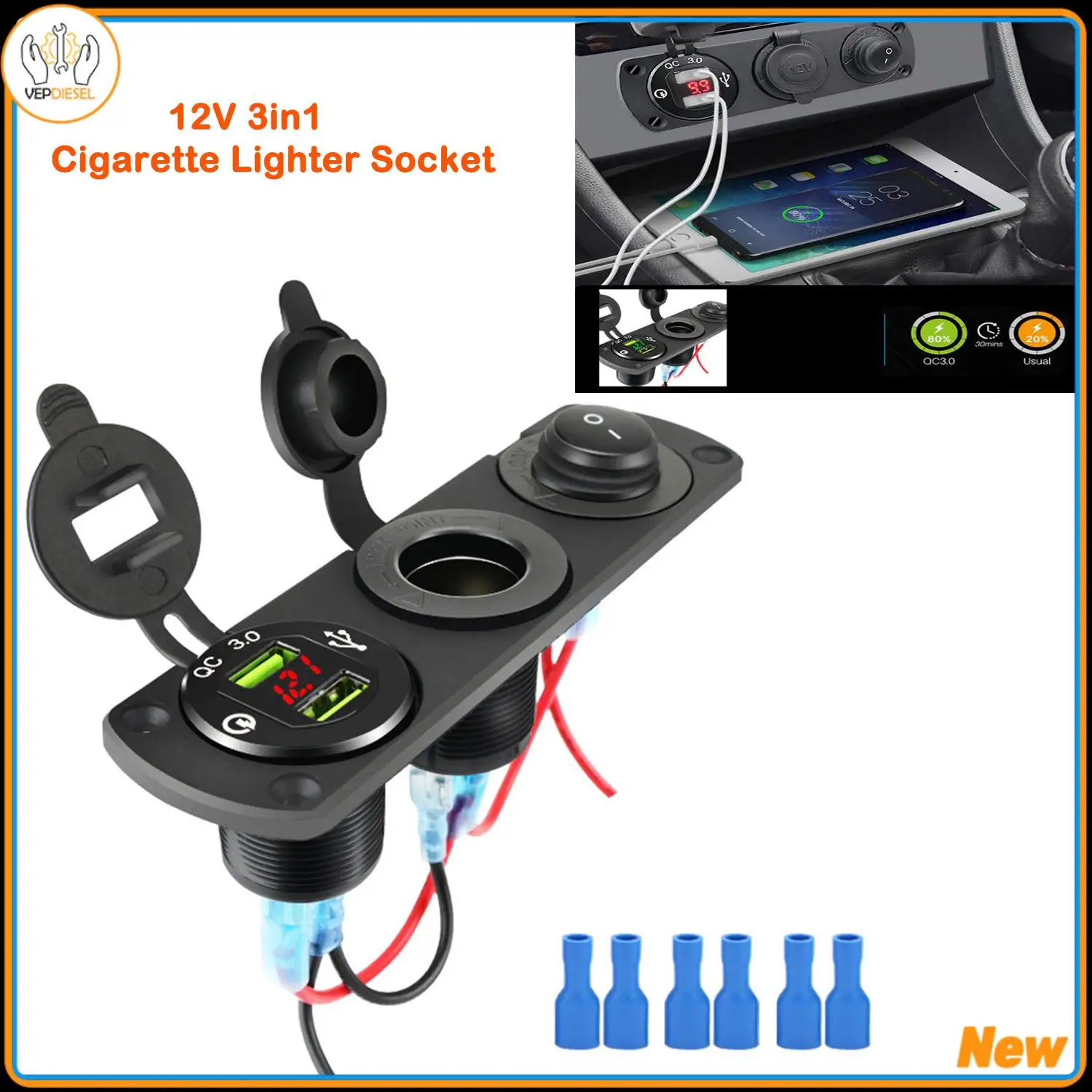 12V 3in1 Cigarette Lighter Socket Waterproof Car Dual QC3.0 USB Outlet Panel For RV Marine Boat Power Socket Charger Socket New