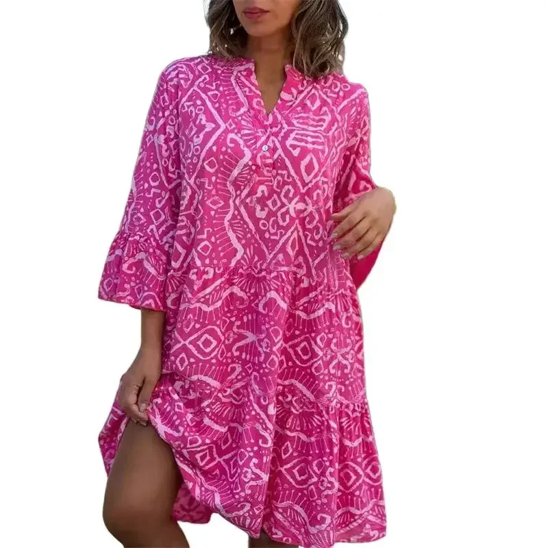 

Women Flared Seven-quarter Sleeve Dresses Sweet Style Geometric Print Splicing Hem Cake Dress Female V Neck Pullover Casual Gown