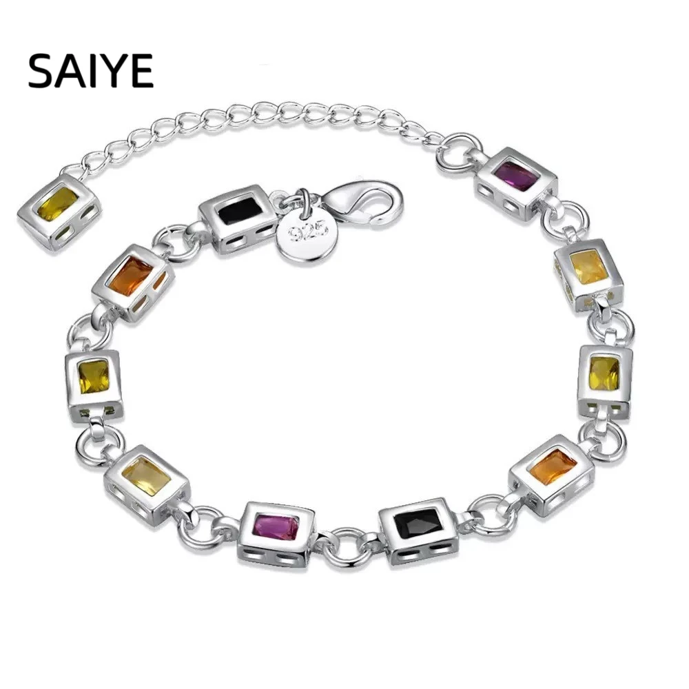 925 Silver Square Crystal Bracelet for Women Multicolor Gemstone Link Chain Bracelets Adjustable Extension Chain Elegant Jewelry