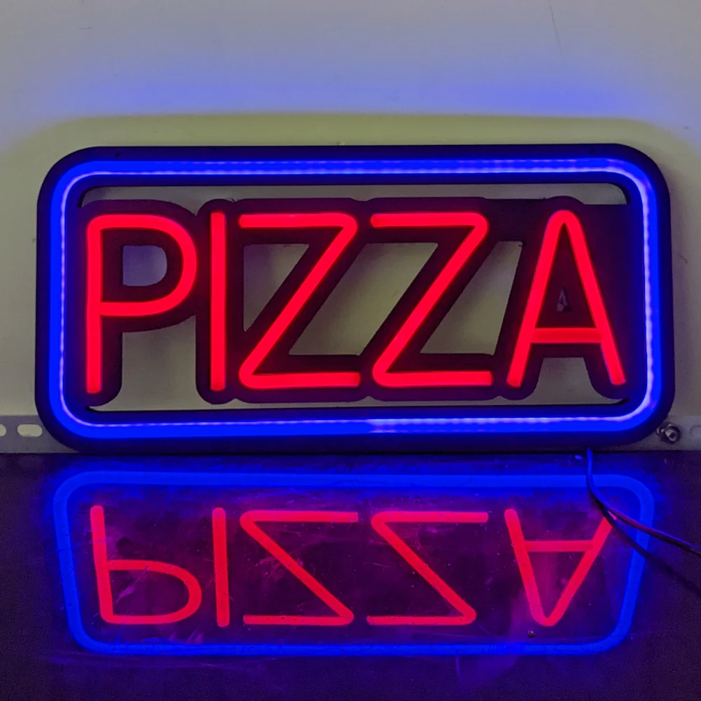 Letrero de luz LED de neón para PIZZA, 19 "x 7,8", forma rectangular con luz LED ultrabrillante, señal publicitaria abierta para cafetería