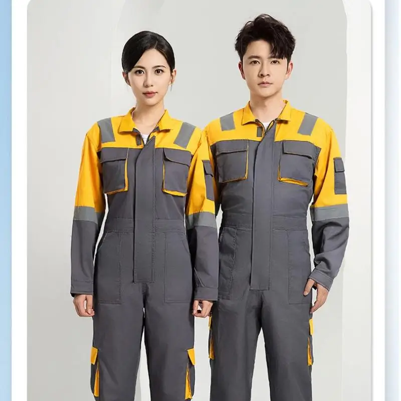 Working Suit Men One-piece Workwear Print Logo Work Clothes Workers Maintenance Safety Reflective Strip Spray Painted Jumpsuit