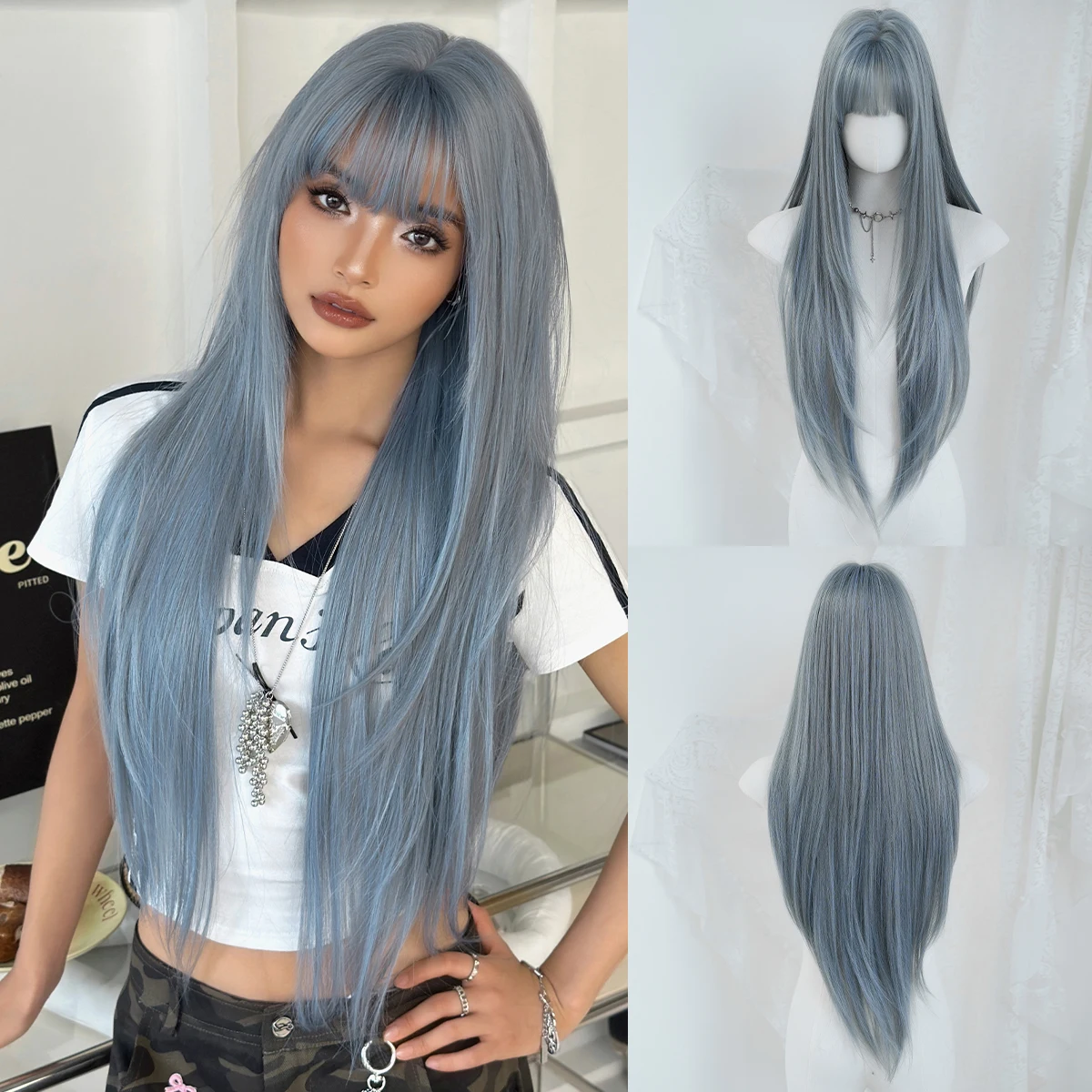 

NAMM Medium Length Blue Wig for Women Straight Wigs With Bangs Dark Root Fluffy Natural Wig Synthetic Fiber Wig