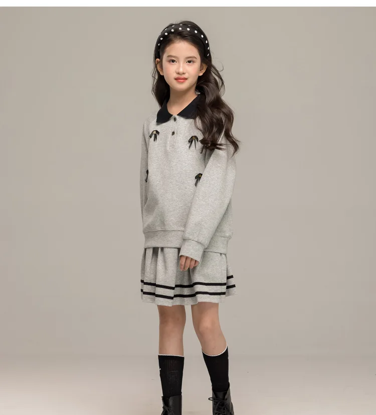 

Children Girls Autumn Dress Sets Korean Turn Down Collar Bowknot Sweatshirt +Striped Dress Long Sleeves Kids Girls Dress Sets