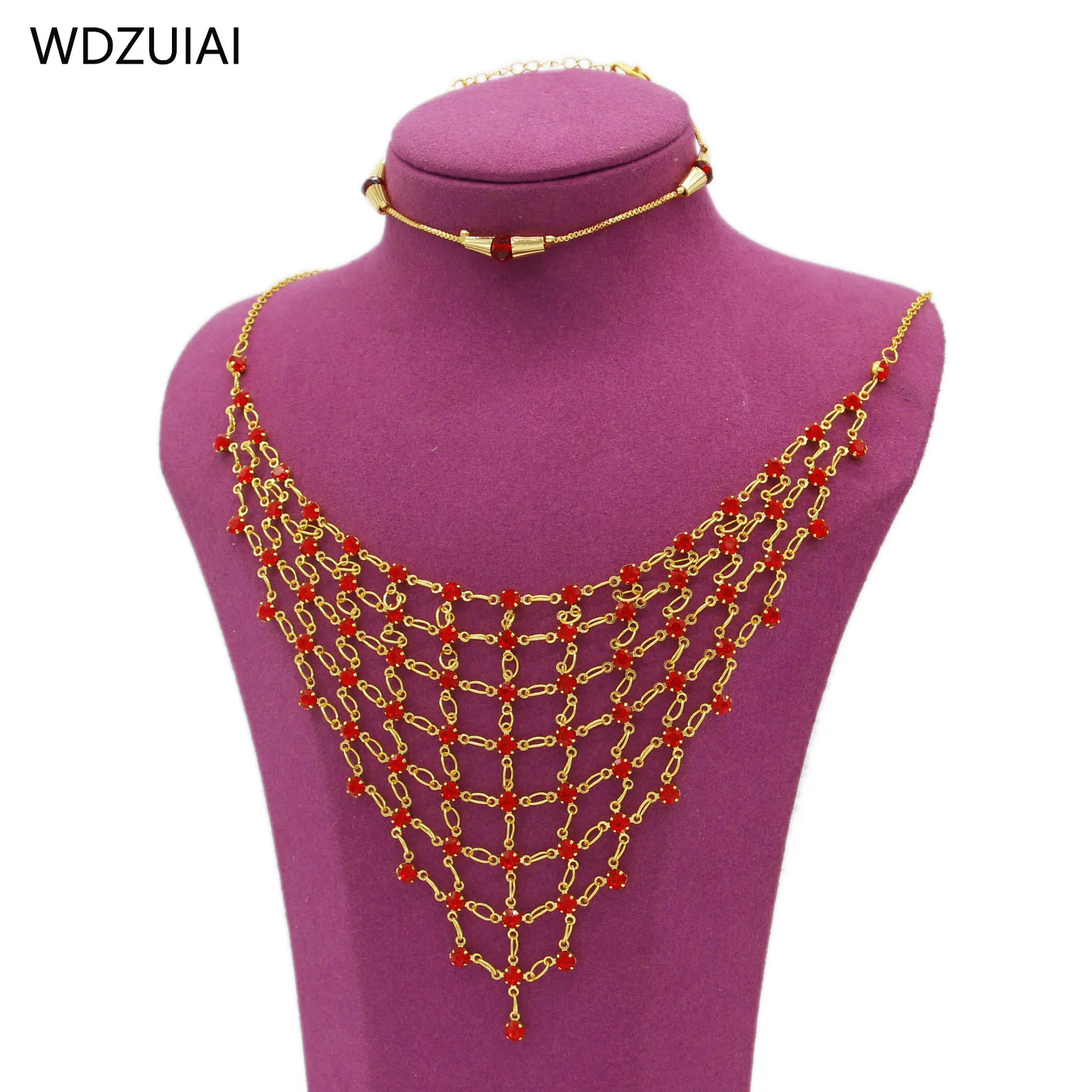 WDZUIAI Red Stone Gold Color Necklace&Bracelet Jewelry Set Ethiopian French Women Girls Party Trendy Jewelry BOHEMIA Youth Gifts