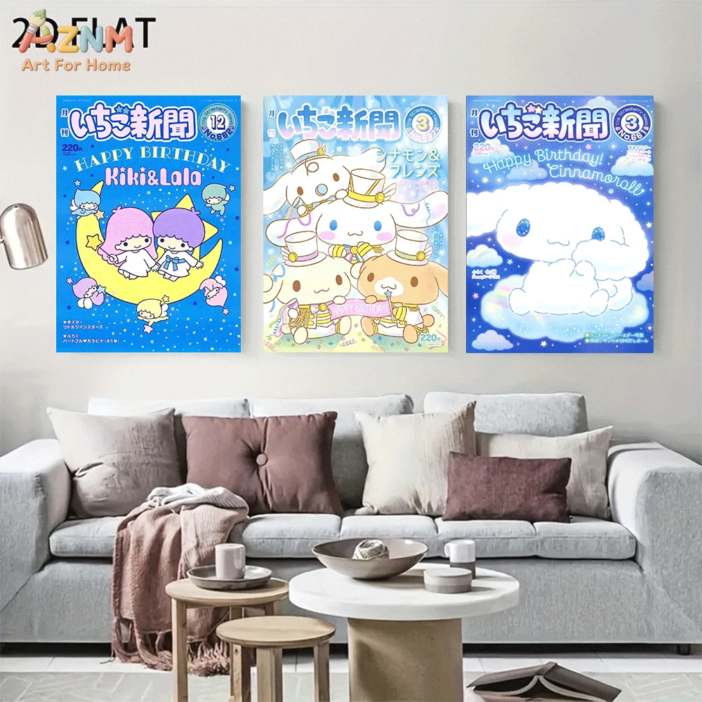 AZNM Cinnamoroll Kiki & Lala Frameless Canvas Wall Art, Retro Ichigo Shinbun Magazine Cartoon Poster, Starry Sky Birthday Aesthe