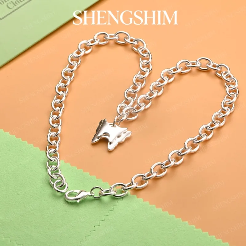 SHENGSHIM 925 Sterling Silver Double Butterfly Pendant Rolo Chain Necklace For Men Women Fashion Jewelry Birthday Party Gift