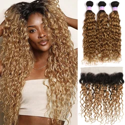 Mèches Brésiliennes Non-Remy avec Closure, Extensions de Cheveux Naturels Ondulés, Couleur Blond Ombré, 13x4, 3 Lots