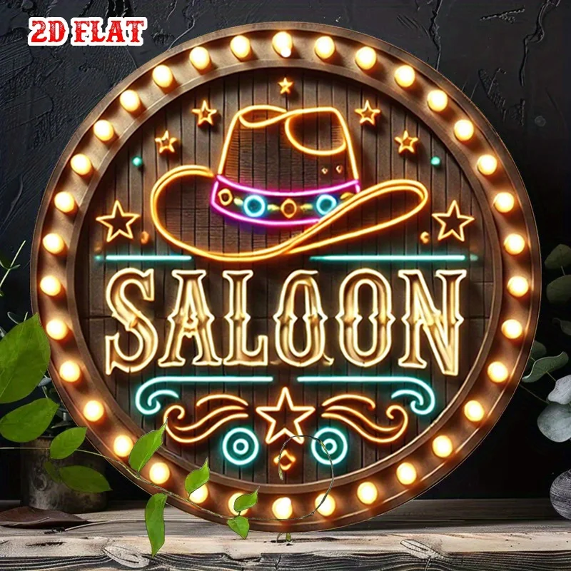 [2D Flat] A Vintage-Style 2D Flat Metal Sign Featuring a Western Saloon Neon Design with Stars, Perfect for Wall Decoration in a