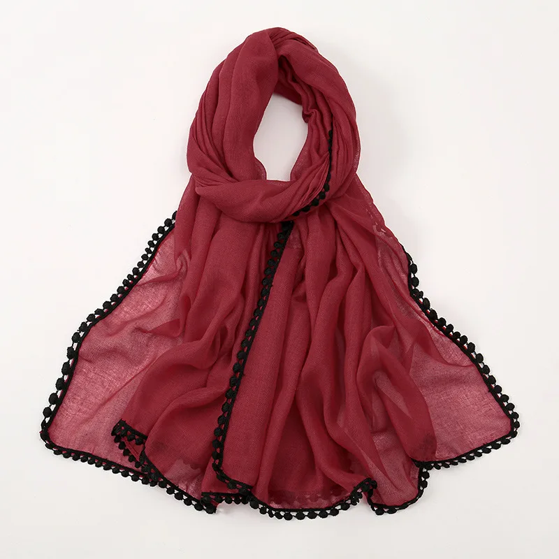 핫세일 신상 단색 심플 말레이시아 인도네시아 여성 민족 헤드스카프 블랙 앤 화이트 레이스 발리 원단 롱 타월 여성용