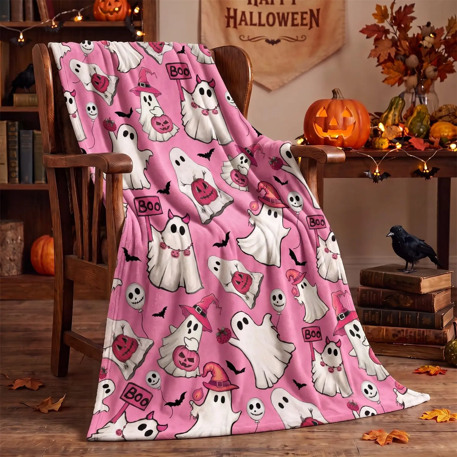 Horaldaily Halloween Pink Ghost Pumpkin Skulls Flannel Throw Blanket 50x60