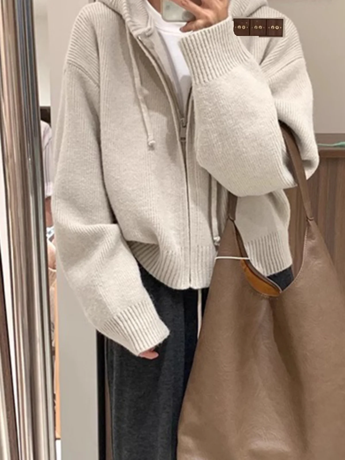 Thickened Zipper Hooded Knitted Cardigan Women's Autumn Winter Bear Velvet Soft Sweater Outerwear Jacket Top Korean Style