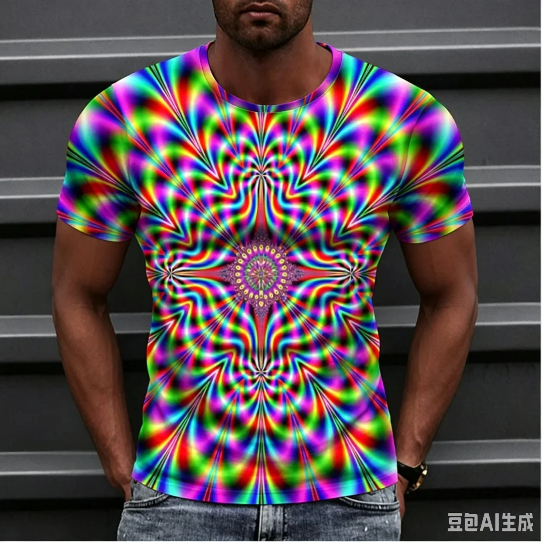 Psychedelic Abstract Graphic Men T‑Shirt 3D All‑Over Print Color Geometric Mosaic Short Sleeve O‑Neck Casual Party Street Tees