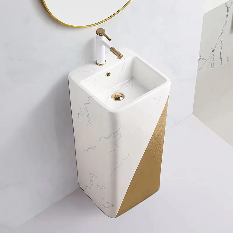 

Rectangular Gold Marble Pedestal Wash Basin One Piece Free Standing Ceramic White Bathroom Sink